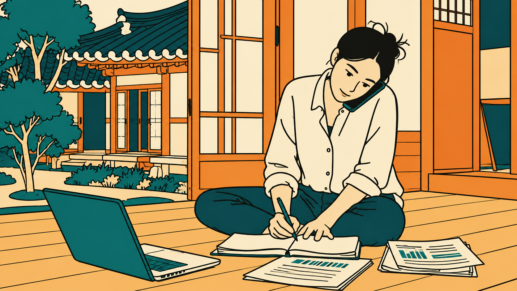 Earth element K-Saju — illustrated woman writing notes on a hanok porch while on a phone call