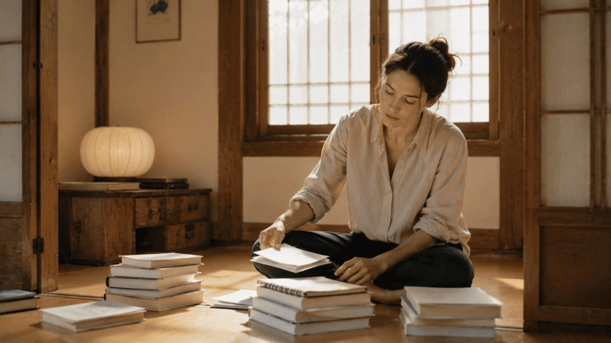 Earth element K-Saju — woman sorting books and papers on an ondol room floor