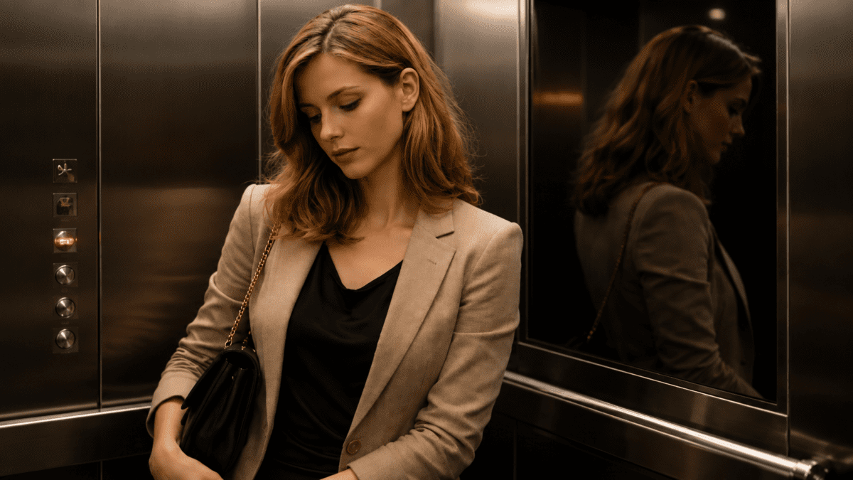 fear of being seen — woman standing at social gathering, distant despite being surrounded by people