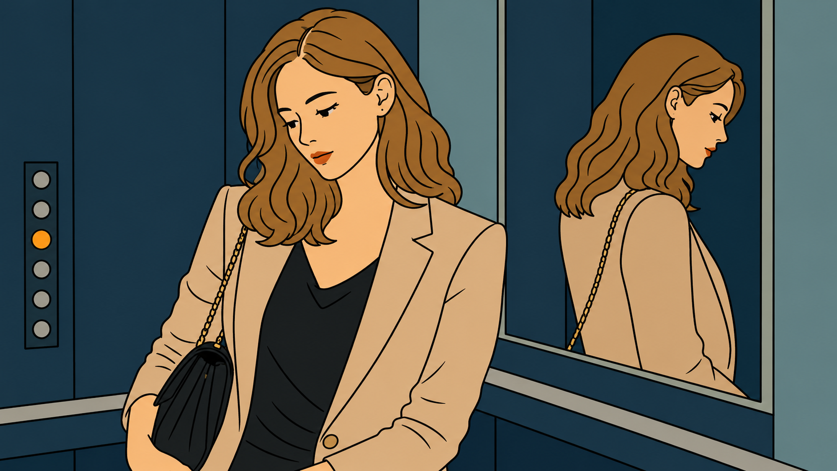 fear of being seen — woman sitting alone by window in traditional Korean café at night, lost in thought