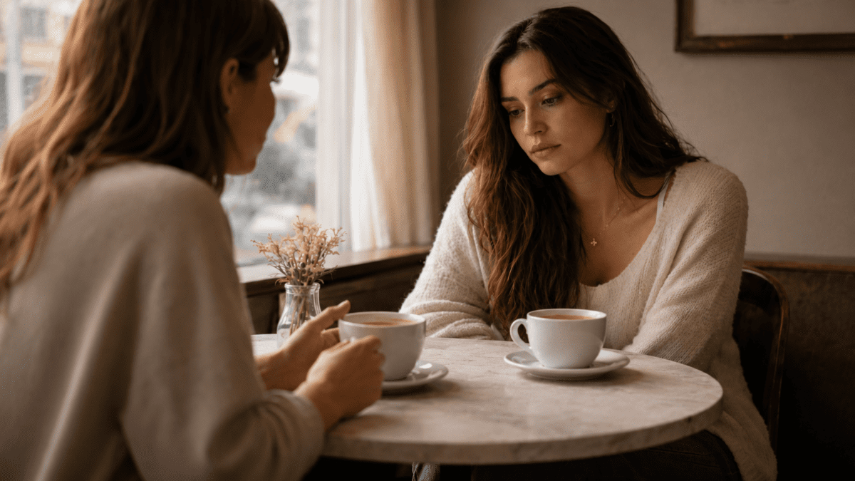 Two women at café table one looking down in silence — fear of getting close to someone exposed