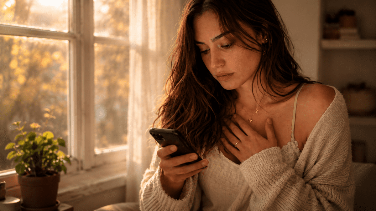 Woman reading a message with hand on chest by warm window light — fear of getting close to someone