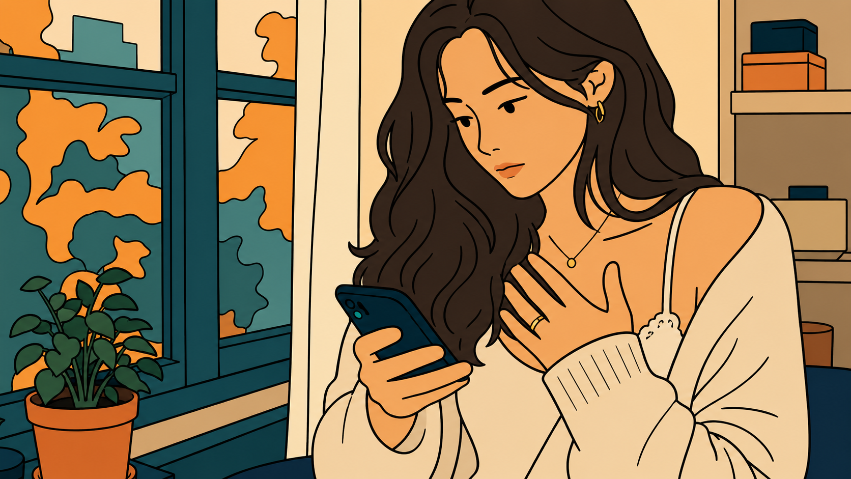 Woman holding phone with hand on chest by autumn window — fear of getting close to someone