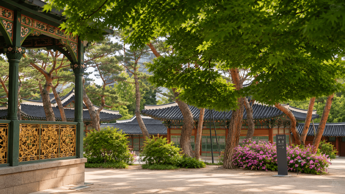 Hanok pavilion visible through summer trees at Changdeokgung — fear of getting close to someone learned pattern