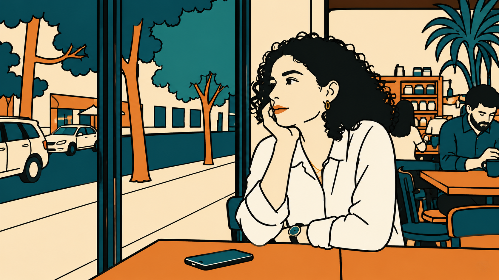 Fire element K-Saju — Modern Minhwa illustration of a woman gazing out a café window