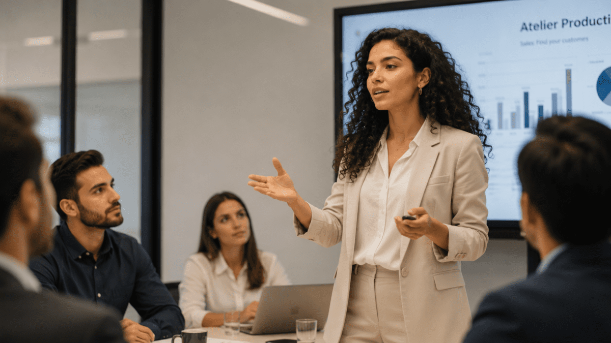 Fire element K-Saju — woman confidently presenting to colleagues in a meeting room