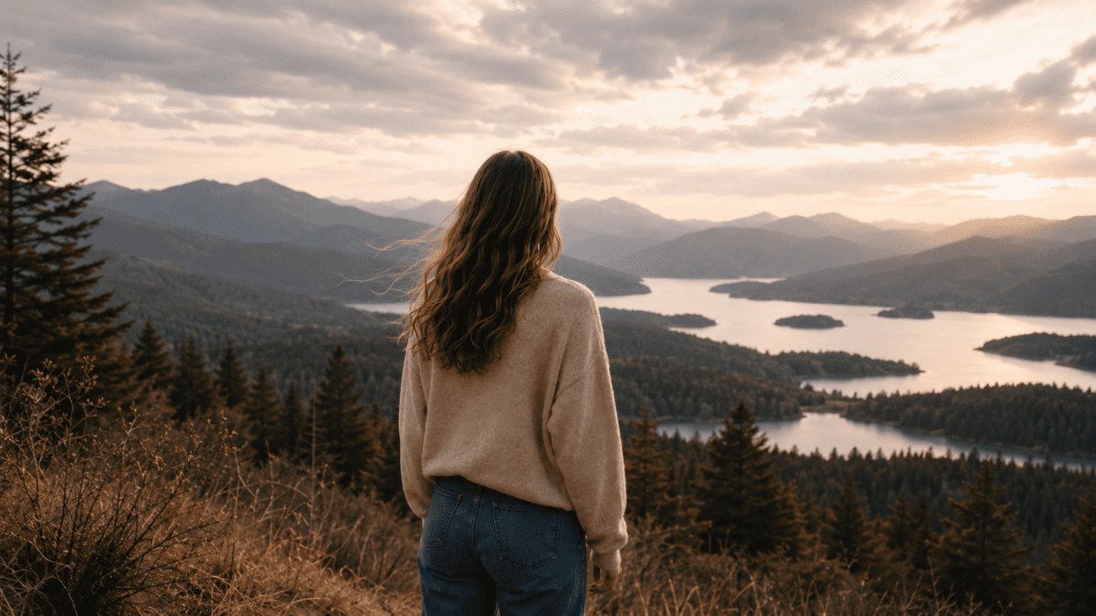 Five elements K-Saju, woman standing on a hillside overlooking mountains and a lake at golden hour, photorealistic.