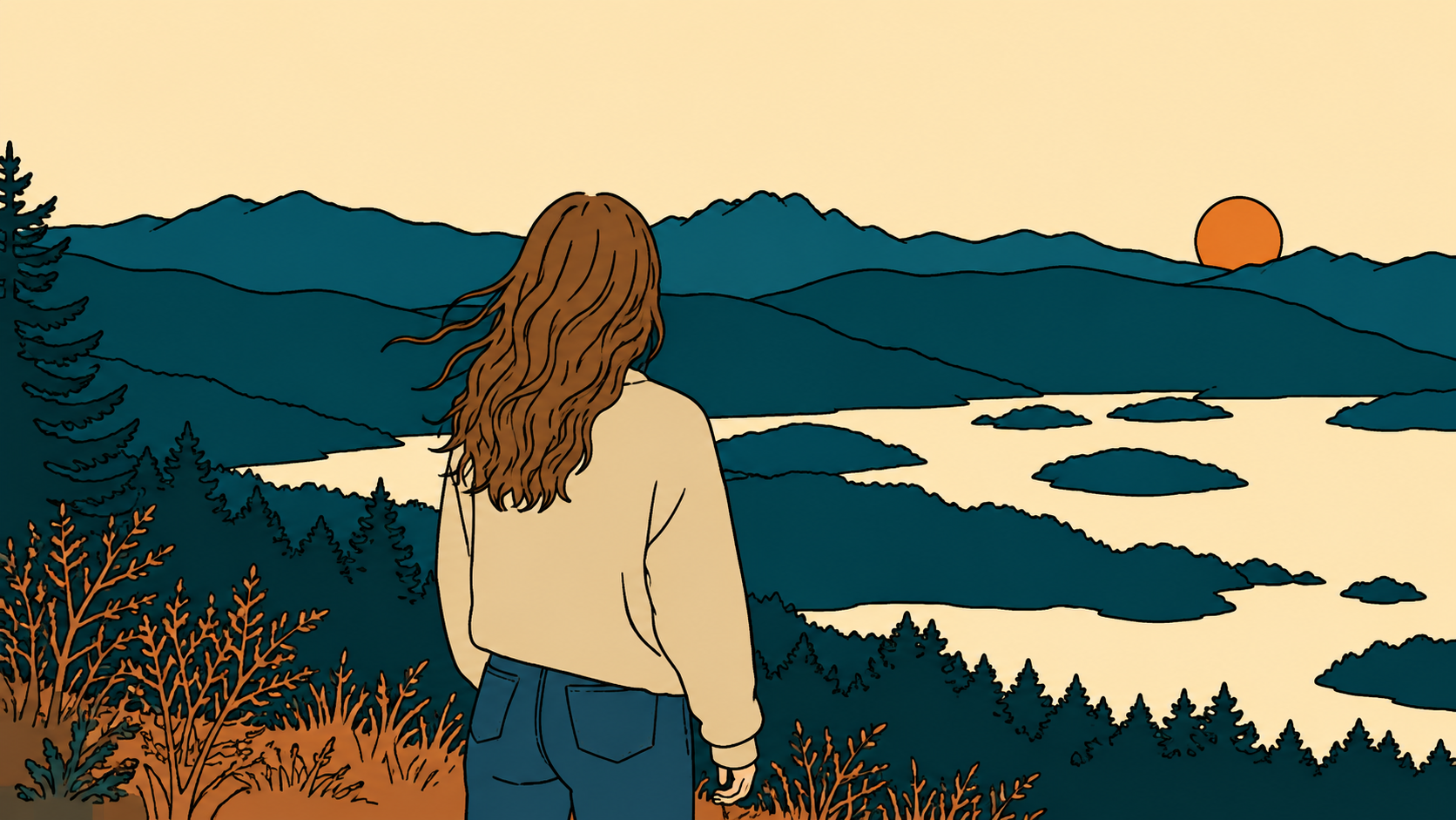 five elements K-Saju — Modern Minhwa illustration of a woman overlooking mountains and a lake at sunset