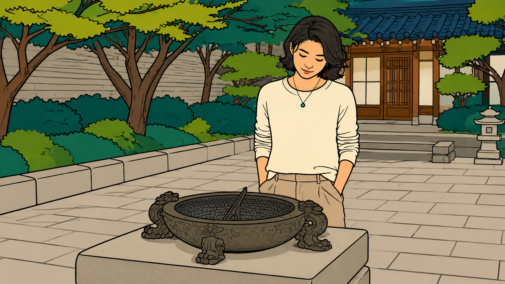 Five Phases K-Saju — Korean woman standing by a stone water basin in a traditional hanok courtyard with lotus flowers, illustrated style