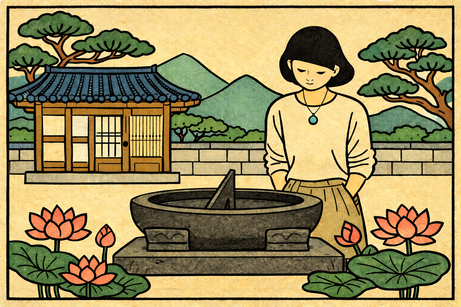 Five Phases K-Saju — Korean woman standing by a stone water basin in a traditional hanok courtyard with lotus flowers, illustrated style