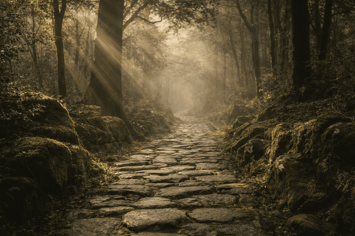 five elements K-Saju sangsaeng cycle — ancient stone path through a misty forest with light breaking through the trees