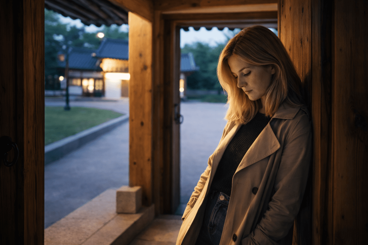 group chat anxiety — woman standing alone in a doorway, looking down, Korean traditional building behind her