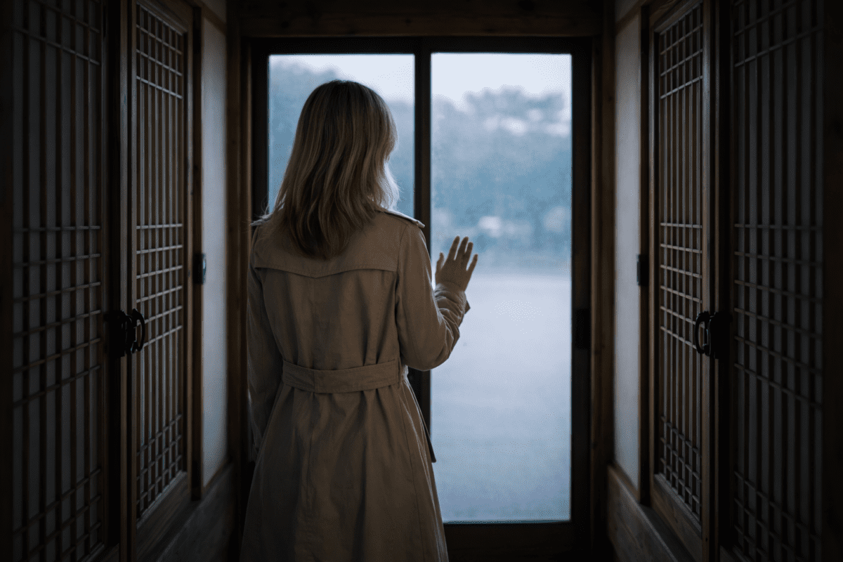 group chat anxiety — woman sitting alone by a window, looking outside
