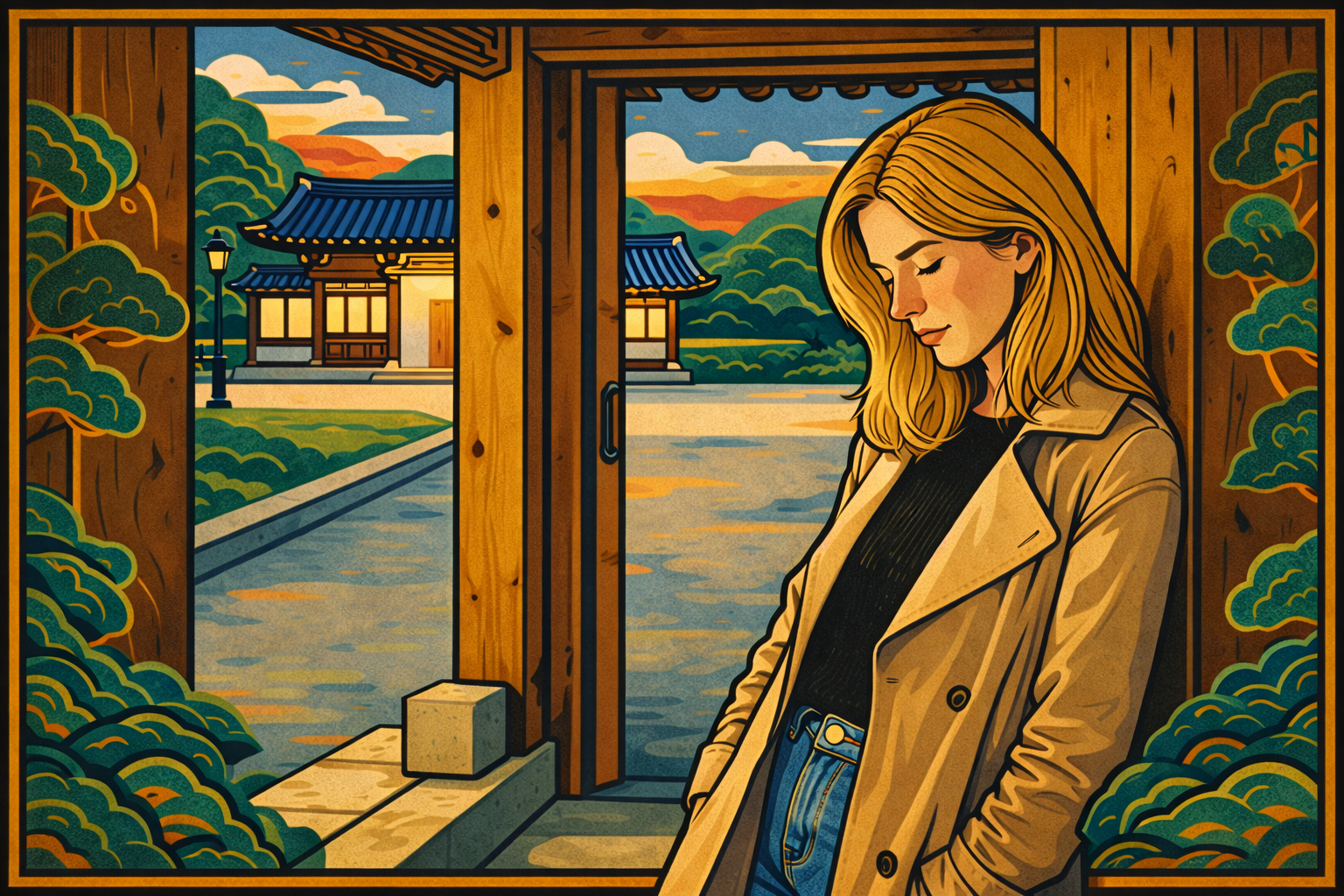 group chat anxiety — a woman standing alone at a doorway, looking down