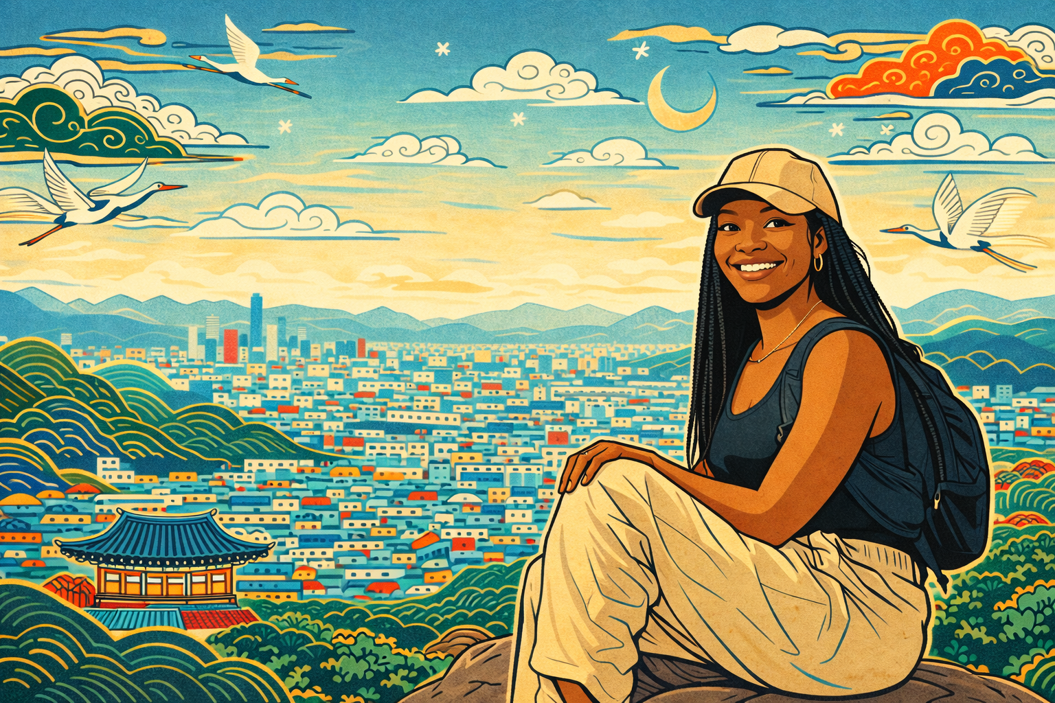 Seoul hiking trail minhwa style woman sitting on mountain overlooking city Korean folk art