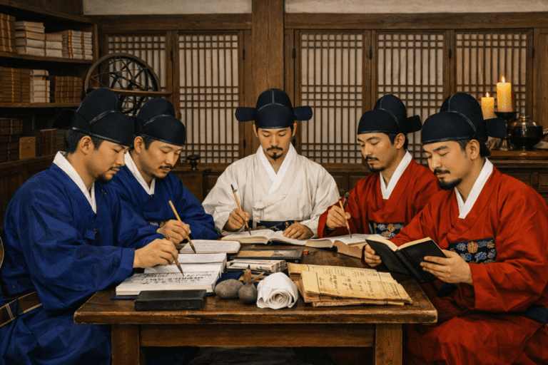 What is K-Saju — Joseon scholars of Gwan-sang-gam studying astronomical charts, Minhwa folk art style