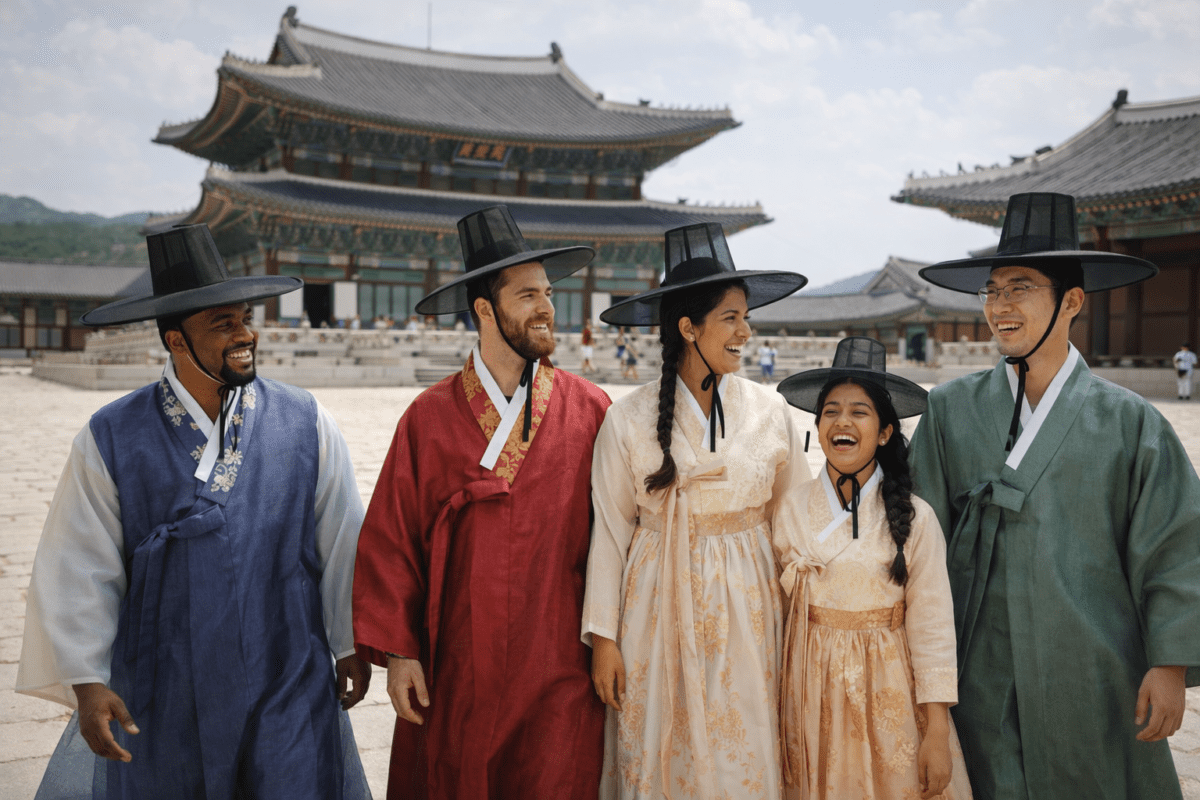 A group of international visitors wearing traditional Korean gat hats and hanbok laughing together in the courtyard of Gyeongbokgung Palace
