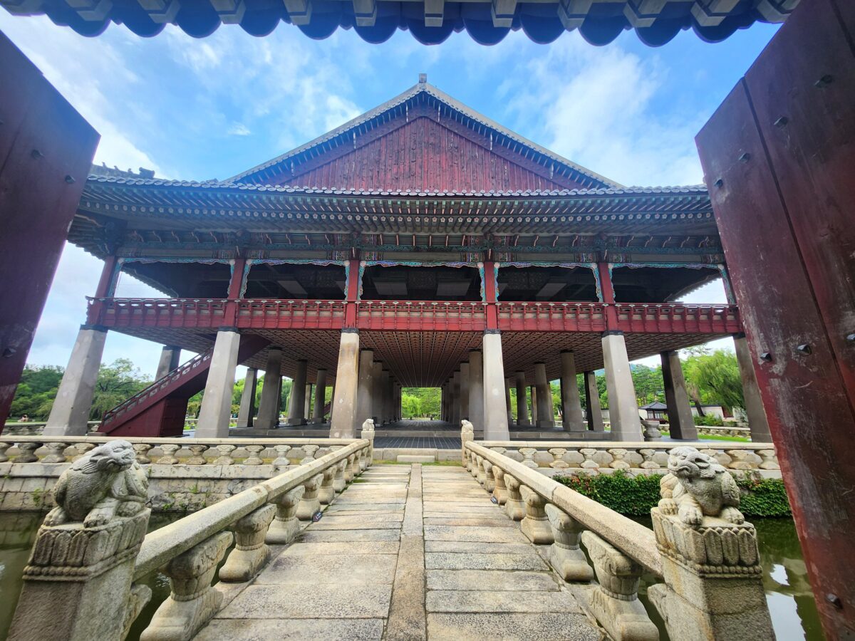 Gyeonghoeru pavilion viewed from stone bridge — knowing which way to go