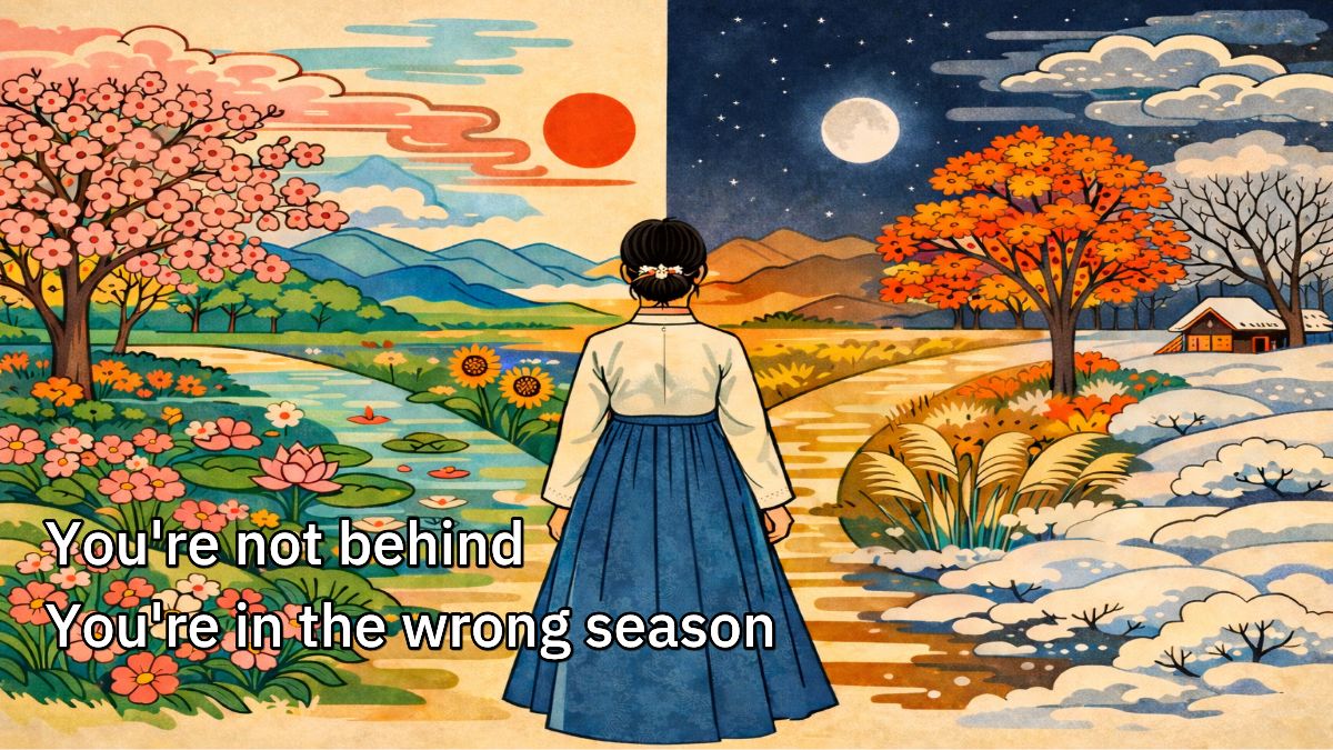 A woman in hanbok standing between spring and winter, Korean minhwa style illustration — K-Saju timing cycles