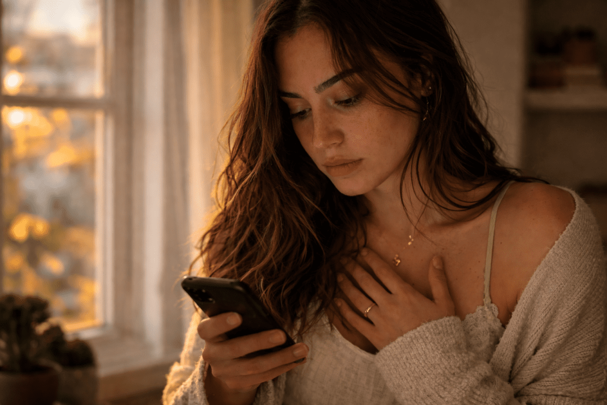 Woman reading message with hand on chest, warm window light — fear of getting close to someone