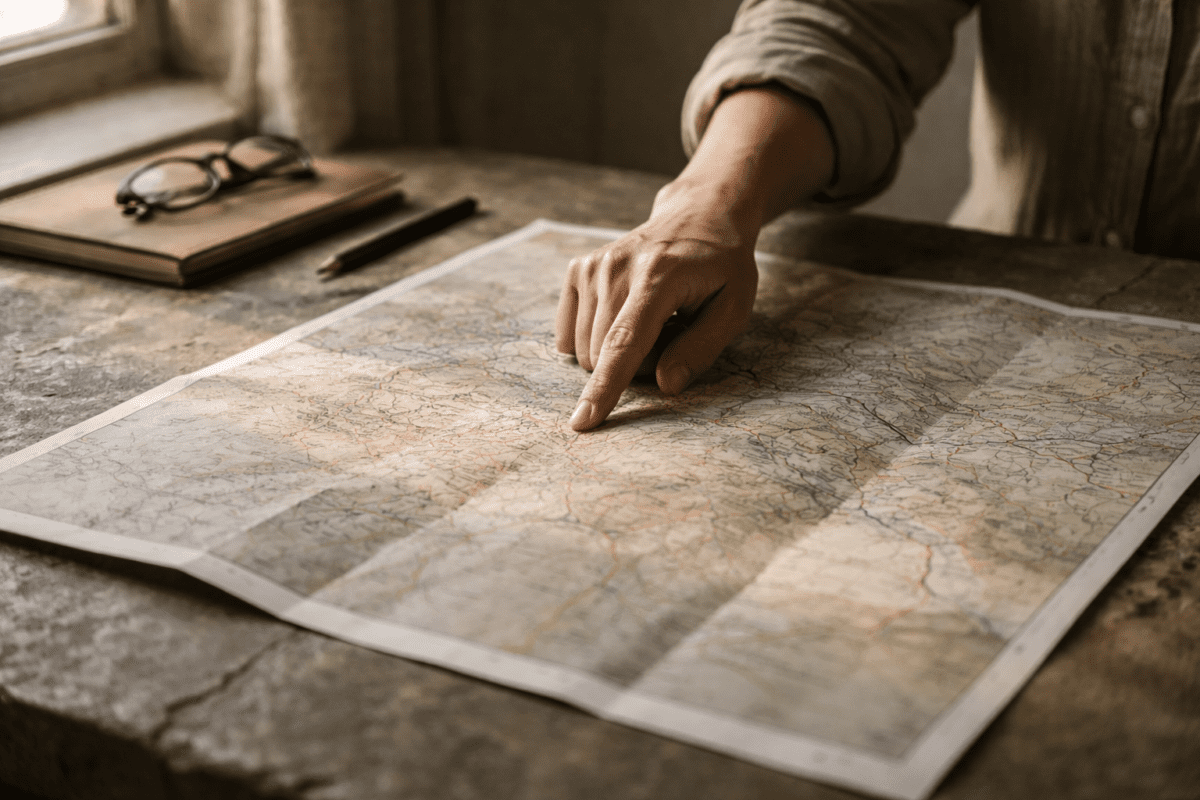 Hand pointing at map on stone table — yin yang timing signals K-Saju