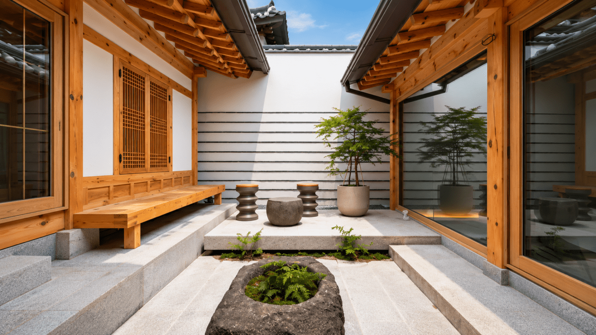 Five Phases K-Saju — Korean woman standing in traditional Hanok courtyard, Seoul