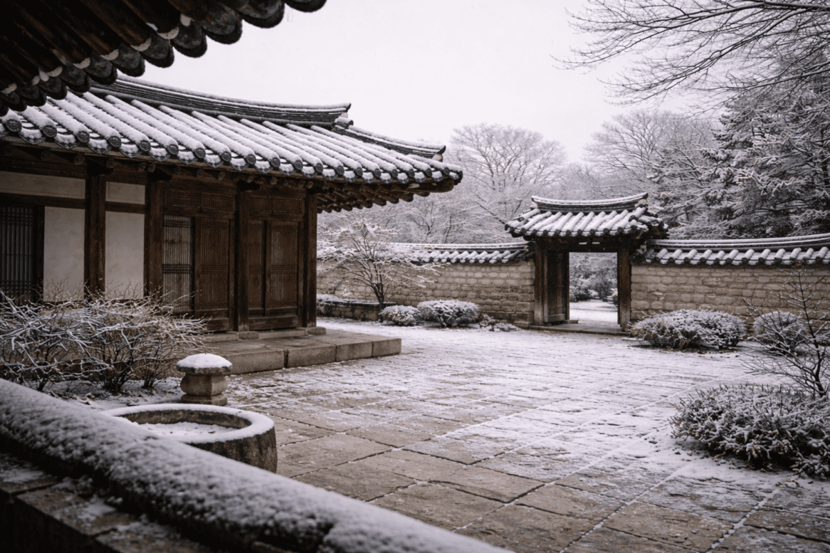 
Korean jang fermentation season begins in winter — snow-covered hanok courtyard where meju drying starts