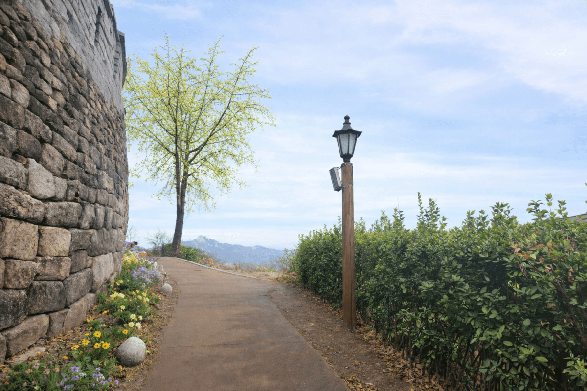 five elements K-Saju sanggeuk cycle — spring path along Hanyangdoseong fortress wall with blooming flowers and mountains ahead