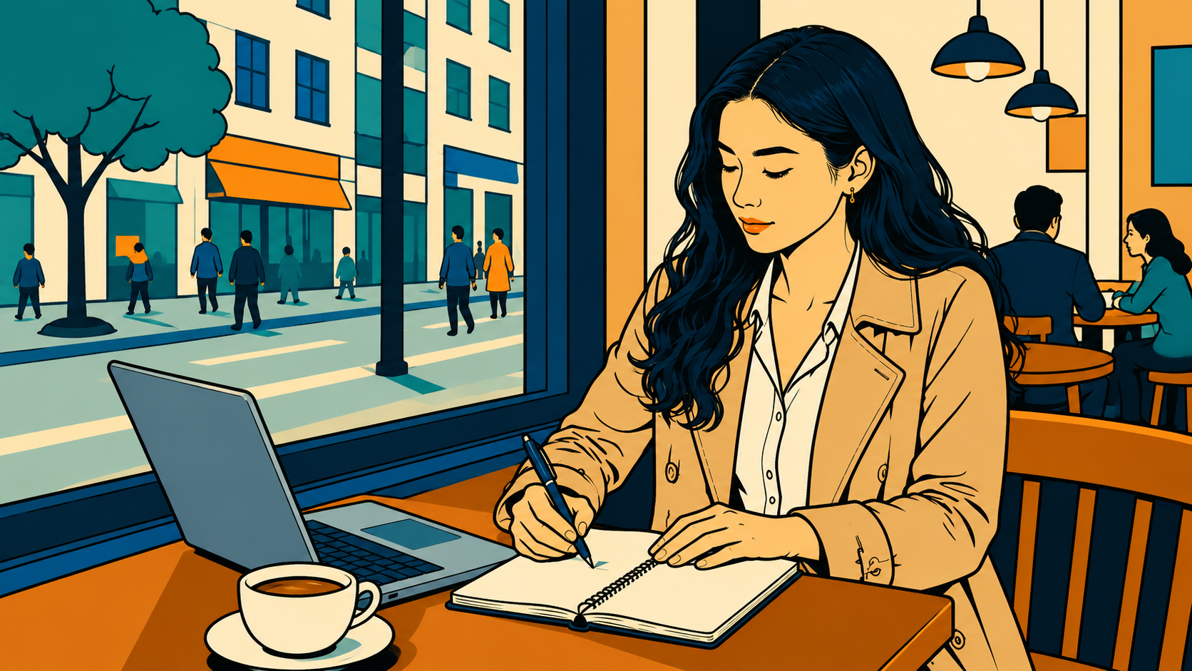 how to use K-Saju — Korean woman writing in notebook at café, modern minhwa style thumbnail, self-reflection and timing