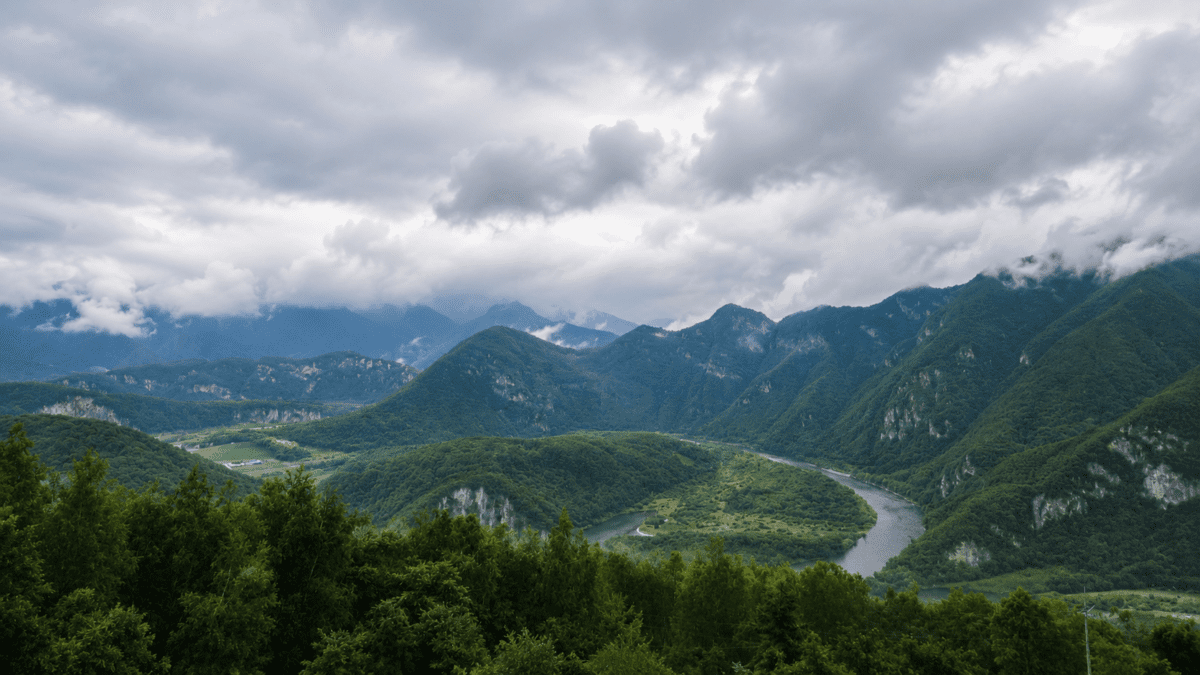 how to use K-Saju — Korean mountain landscape with winding river, the map and the road, patterns visible from above