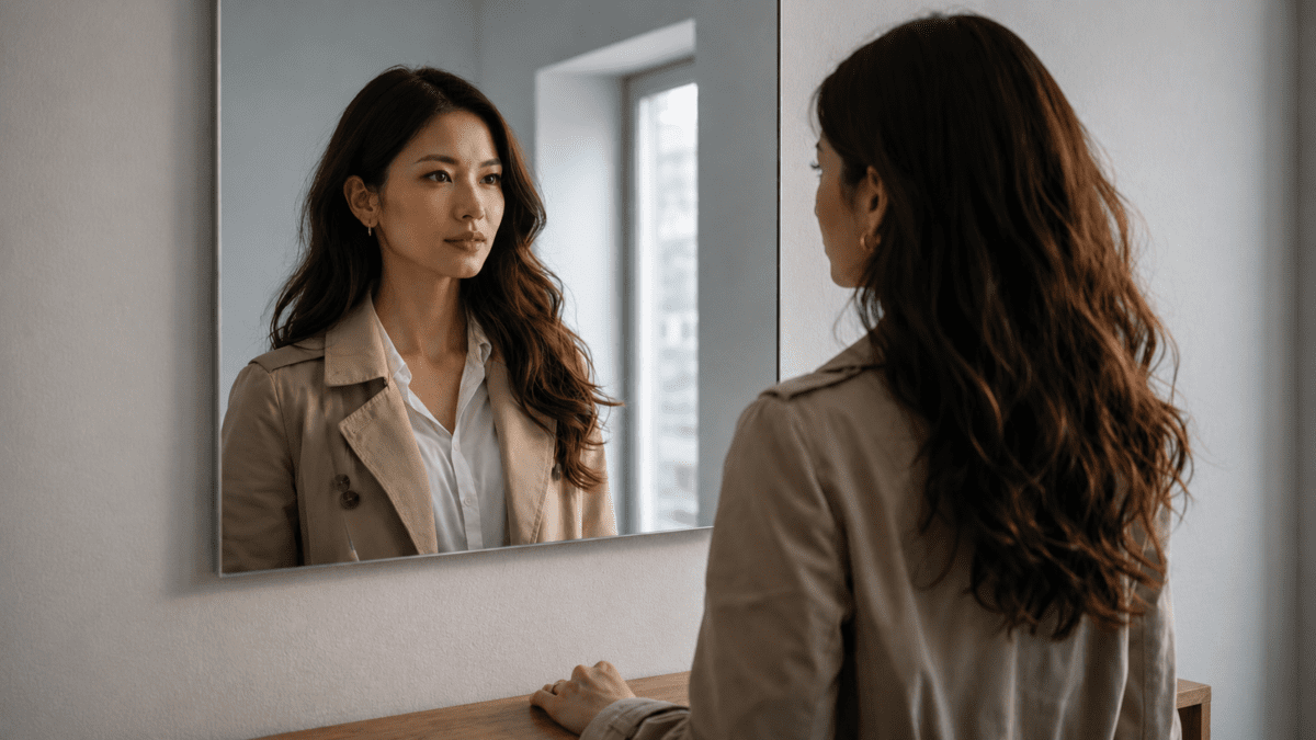 how to use K-Saju — Korean woman facing her reflection in mirror, self-awareness and five phases ratio recognition