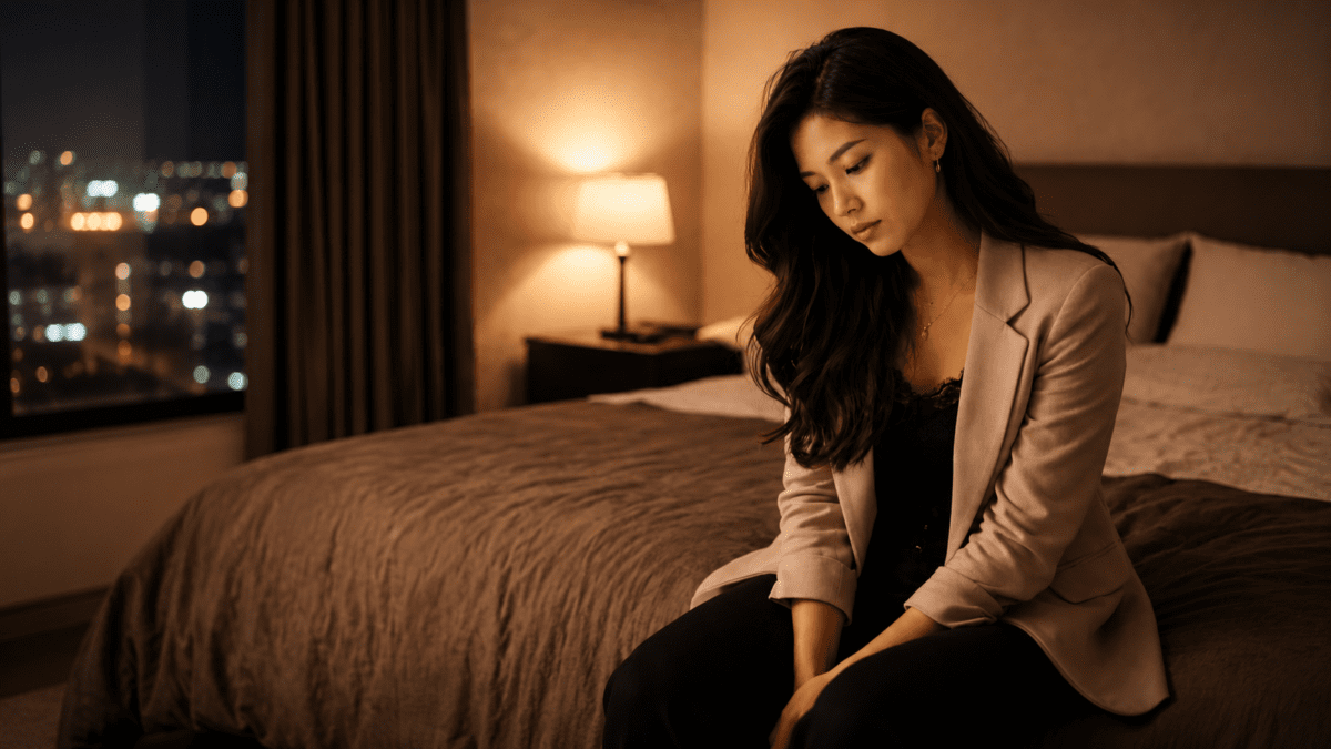 Woman sitting alone on a bed in a dim hotel room at night, the version of herself that only appears after everyone else has left.