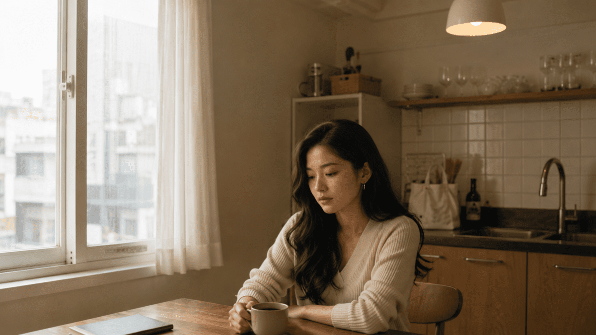 Woman sitting calmly by a window in daylight with coffee in hand, the version that can see the inner critic clearly, before the night arrives.