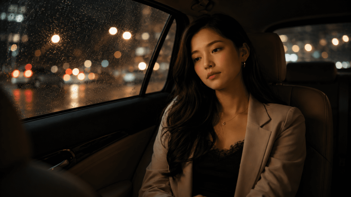 Woman gazing out a rain-streaked car window at night city lights, the particular quiet where the inner critic finally gets the floor.