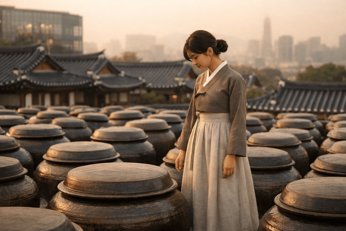 Korean jang fermentation jars at dawn — woman in hanbok standing among earthenware pots with Seoul skyline in the background