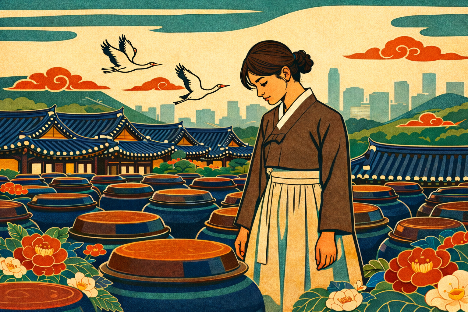 Korean jang fermentation jars — illustrated woman in hanbok among earthenware pots with Seoul skyline and cranes in Korean folk art style