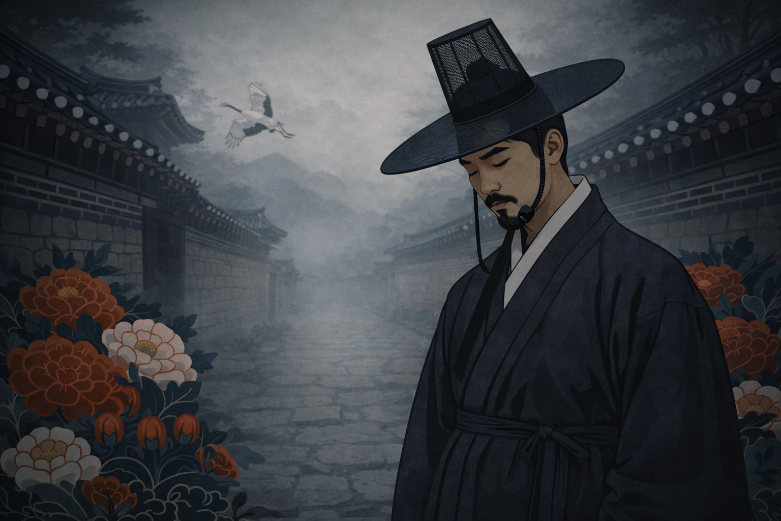 Korean gat history decline - Korean minhwa style illustration of a Joseon man in a traditional Korean gat hat standing in a foggy alley with cranes and peonies