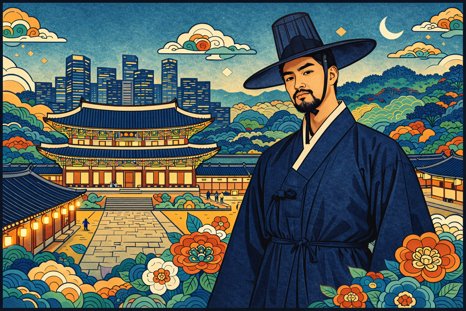 Korean minhwa style illustration of a man in a traditional Korean gat hat and navy hanbok before Gyeongbokgung Palace with the modern Seoul skyline