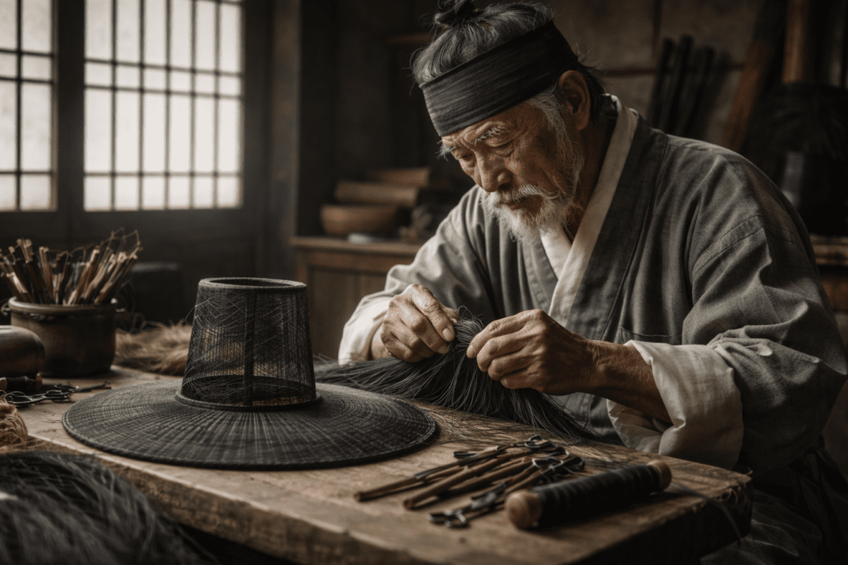 Korean gat history decline - An elderly Korean craftsman weaving horsehair on a traditional Korean gat hat frame in a workshop