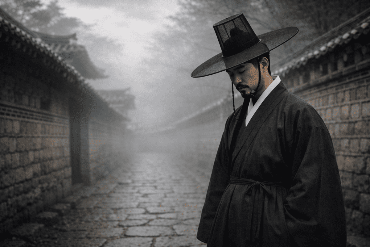 Korean gat history decline - A Joseon man in a traditional Korean gat hat and black hanbok standing in a foggy stone-walled alley, gaze downward