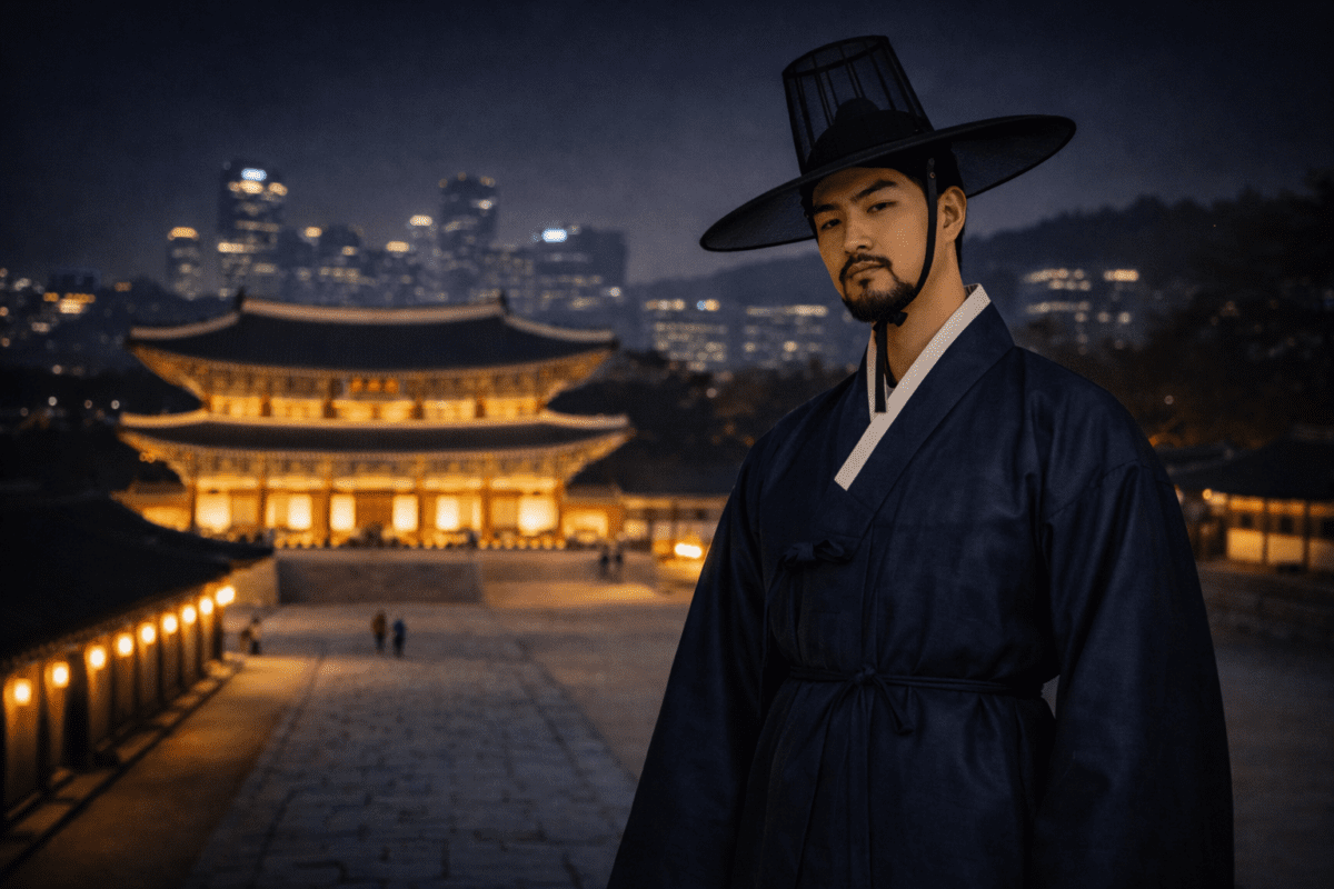 A man in a traditional Korean gat hat and navy hanbok — symbol of the Korean gat modern revival — before Gyeongbokgung Palace at night