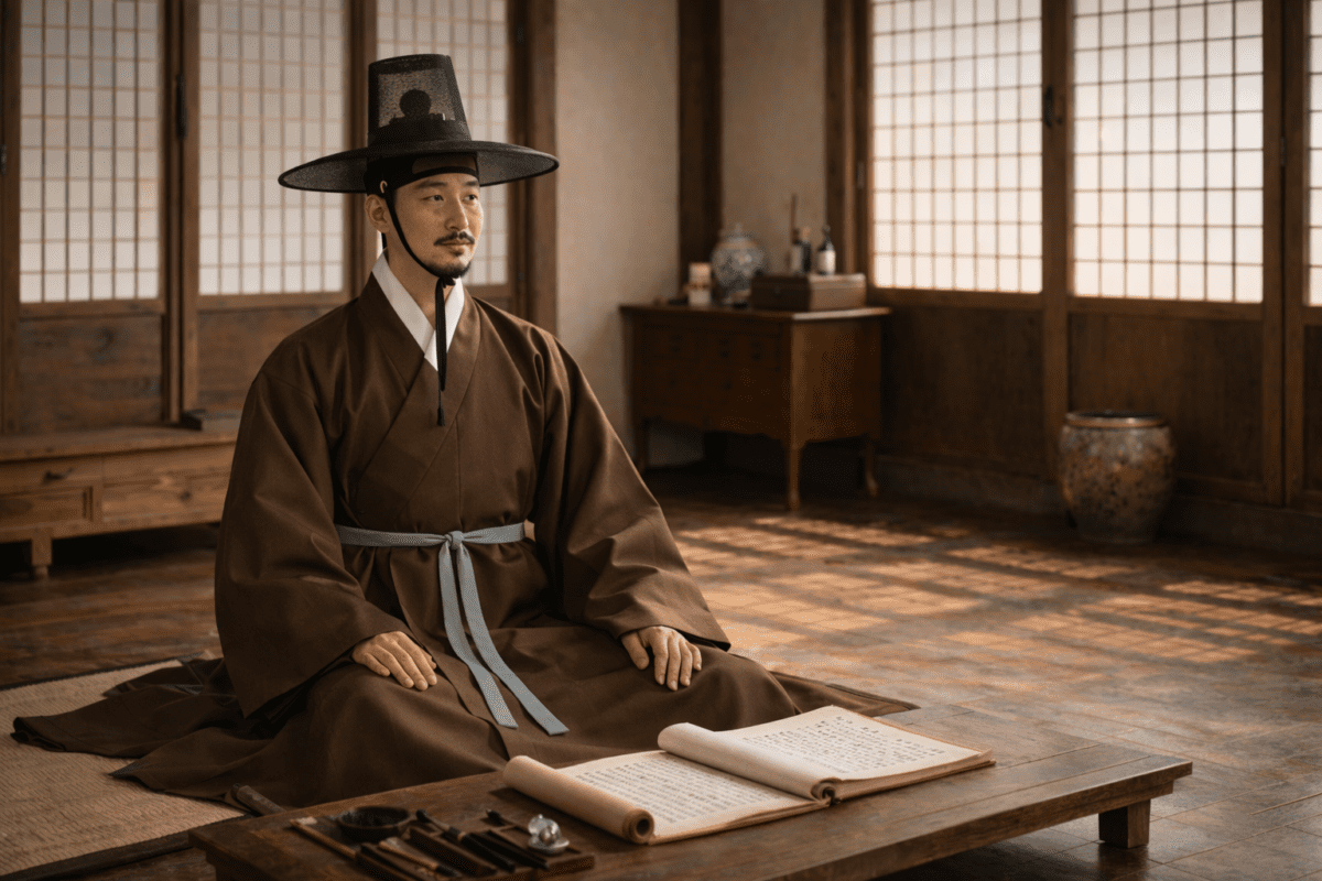 A Joseon scholar in a traditional gat hat and brown dopo robe seated in a sarangbang, an open scroll on the low table before him