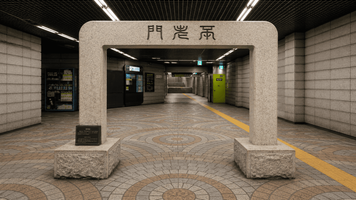 Stone replica of Bulomun, the Gate of Agelessness, inside Gyeongbokgung subway station.