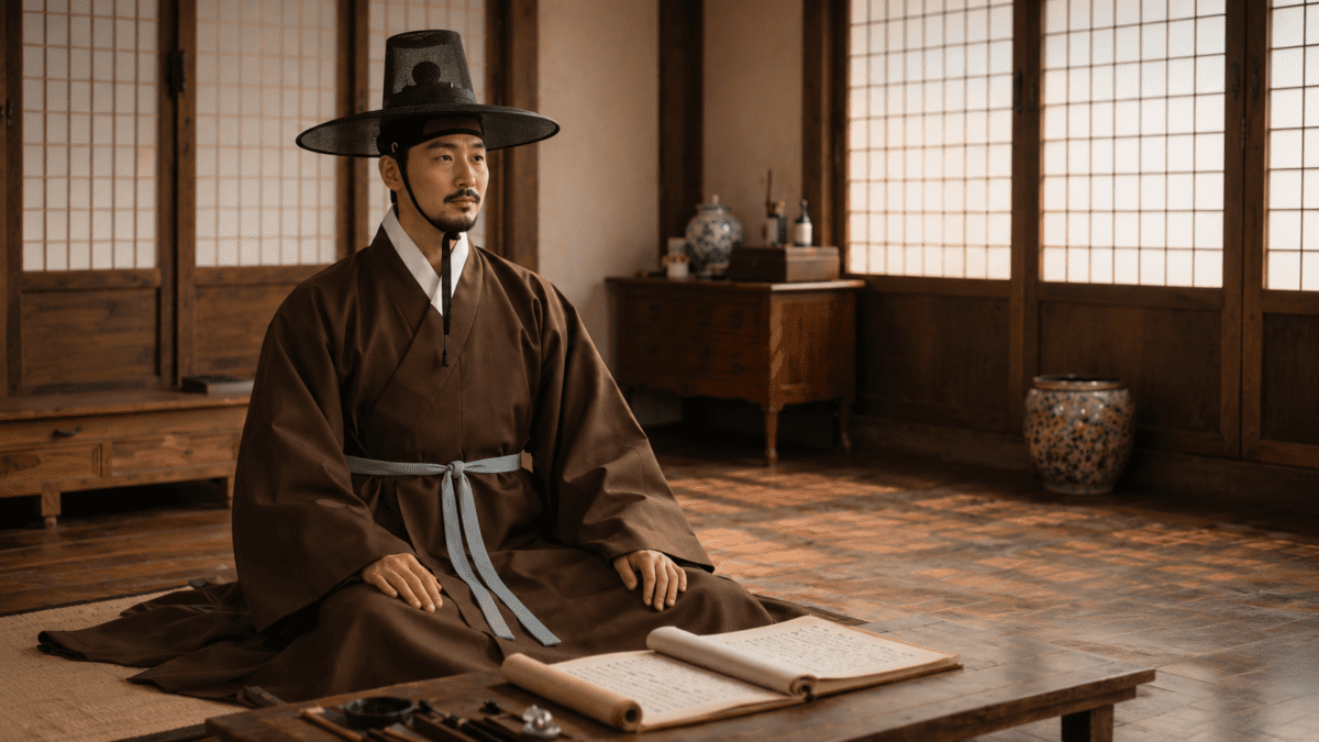Korean gat hat — Joseon scholar wearing a gat and dopo robe, seated in a sarangbang with an open scroll