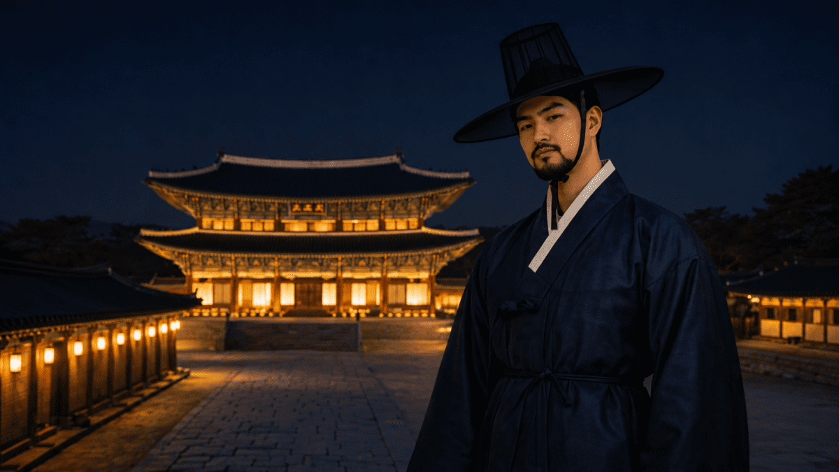 Korean gat modern revival — man in a gat and navy hanbok standing before Gyeongbokgung Palace at night