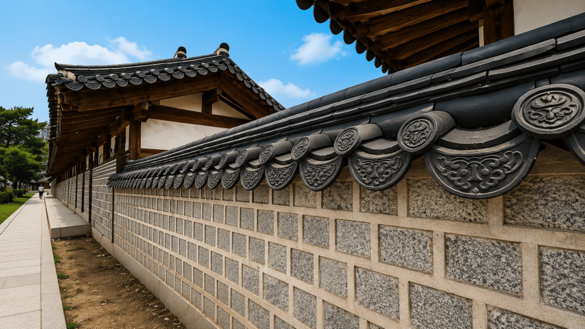 Korean gat modern revival — decorative makse roof tiles along a traditional Korean palace stone wall