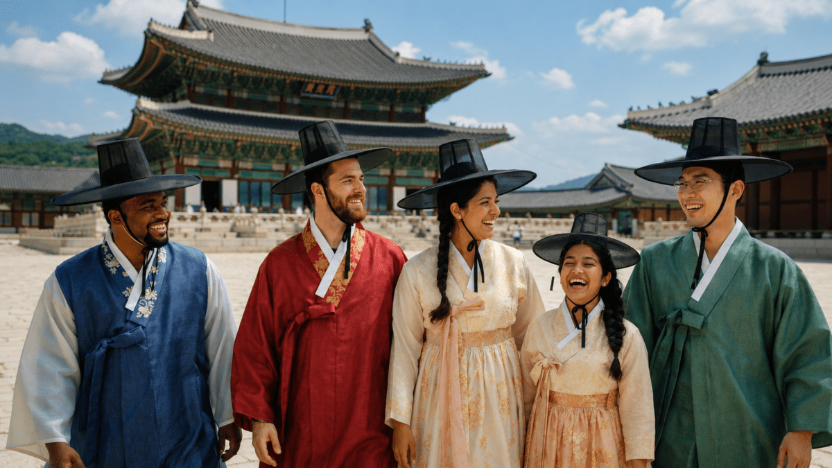 Korean gat modern revival — international visitors wearing gat hats and hanbok laughing together at Gyeongbokgung Palace