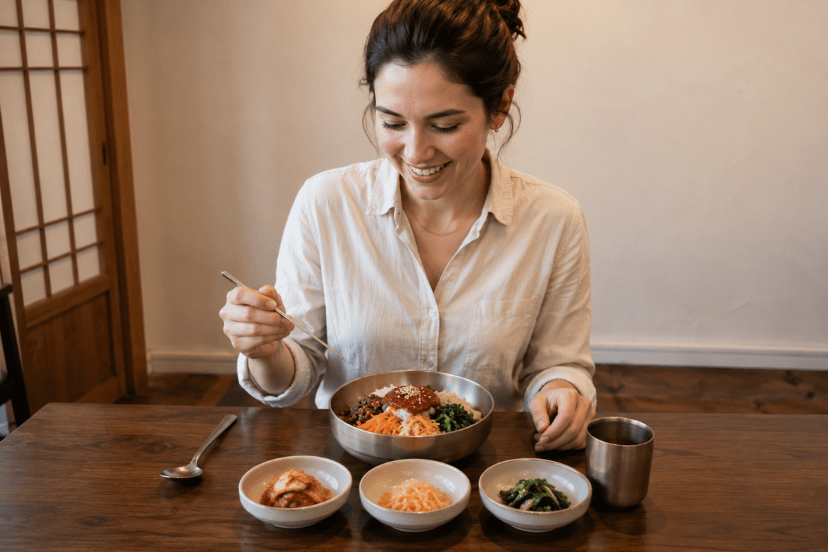 A woman eats bibimbap topped with gochujang, small banchan bowls around the table — Korean jang fermentation