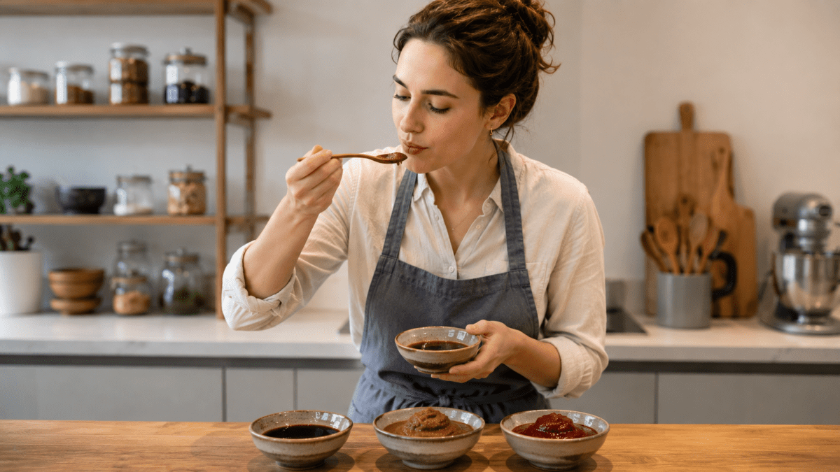 A woman tastes ganjang, doenjang, and gochujang side by side in her kitchen, three small bowls in front of her — Korean jang fermentation
