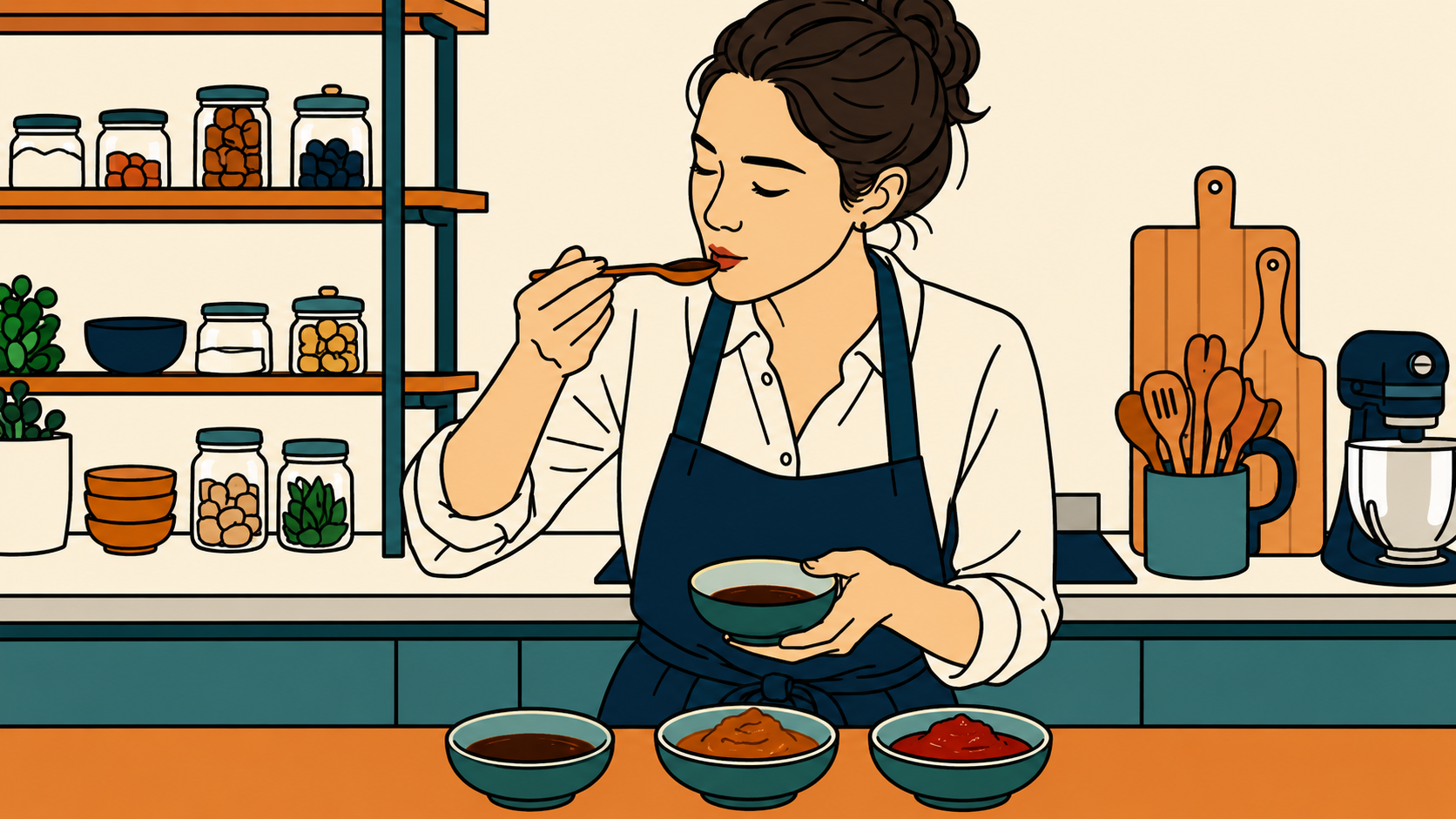 A woman tastes ganjang, doenjang, and gochujang side by side in her kitchen — Korean jang fermentation